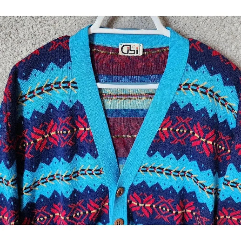 VTG Gibi Western Aztec Striped‎ Button Long Sleeve Cardigan Sweater Size Large
